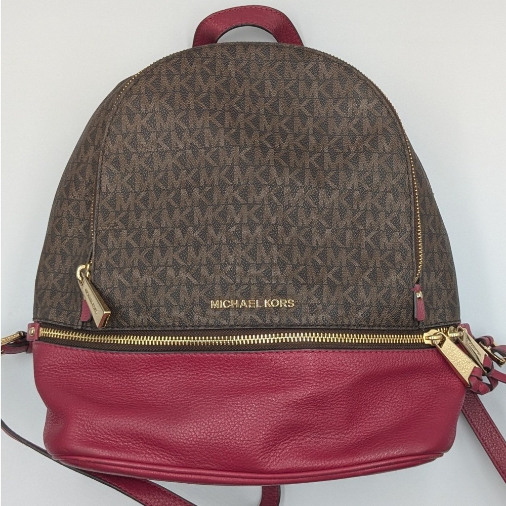 Michael‎ Kors Rhea Backpack Signature Logo Cherry Red Leather Medium